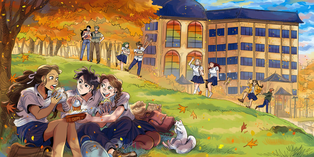 illustration of my characters from my comic "the blue witch" Ari Liron and Karin in the background more characters from my comic to celebrate the first day of school.