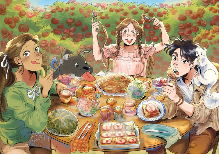 my original characters from my comic "the blue witch" Ari, Liron and Karin having a teaparty in the garden together.