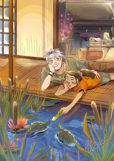 original characters from my comic, Ari and her cousin Jonathan feeding turtles together.