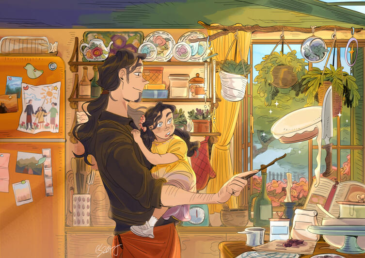 my original characters Beth and her dad cook together in the kitchen using some magic.